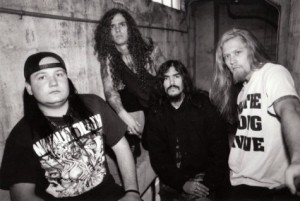 MACHINE HEAD circa 1993 (left to right): Tony Costanza (drums), Logan Mader (guitar), Robb Flynn (guitar, vocals), Adam Duce (bass)